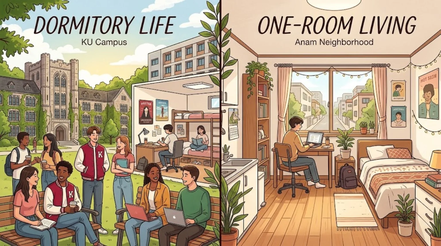 Conceptual illustration contrasting social campus dormitory life with a private studio in the Anam neighbourhood