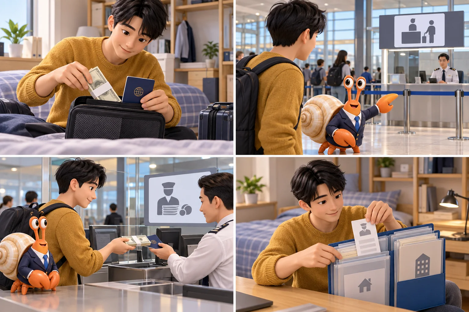 A student packs currency and a passport in a travel pouch.