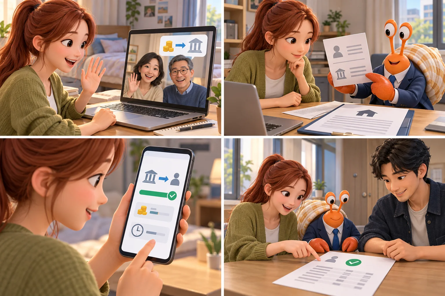A student discussing a deposit transfer with a parent abroad by video call