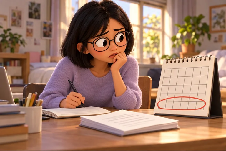 A student checks a calendar showing the lease expiry date.