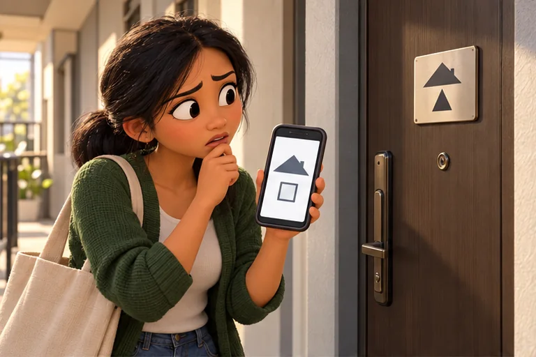 A student compares the registered address on a phone with the entrance to the rented room.