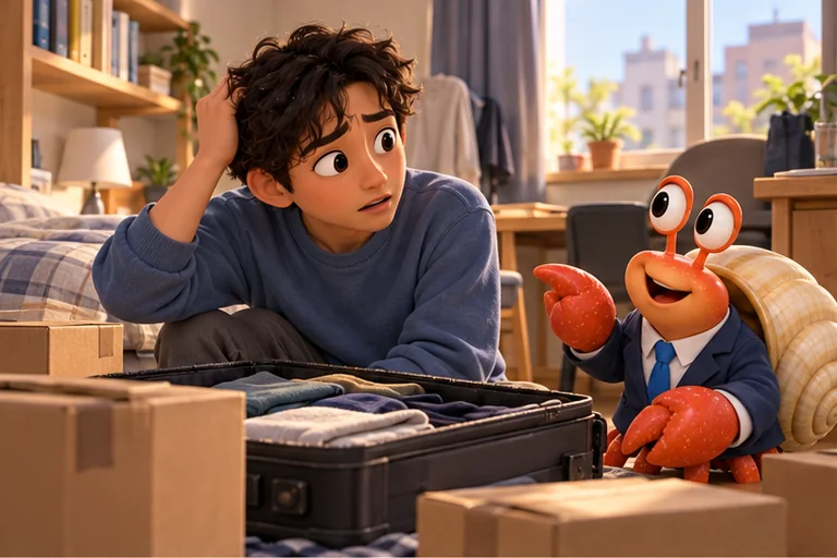 A student packing boxes asks Sora, who is holding the lease, about moving out.
