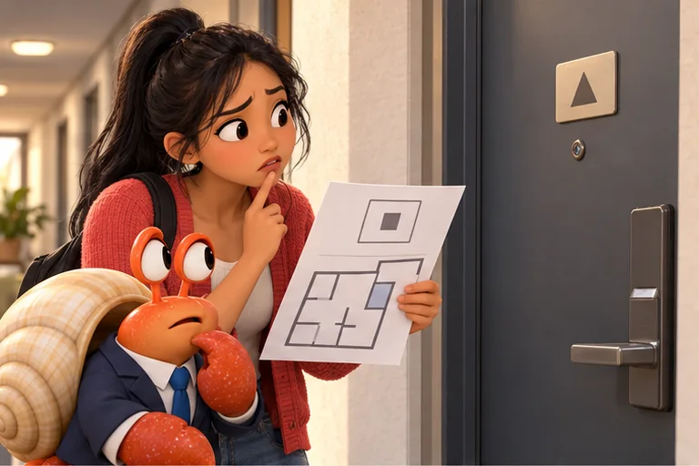 A student compares the unit number on the lease with the label on the actual door.