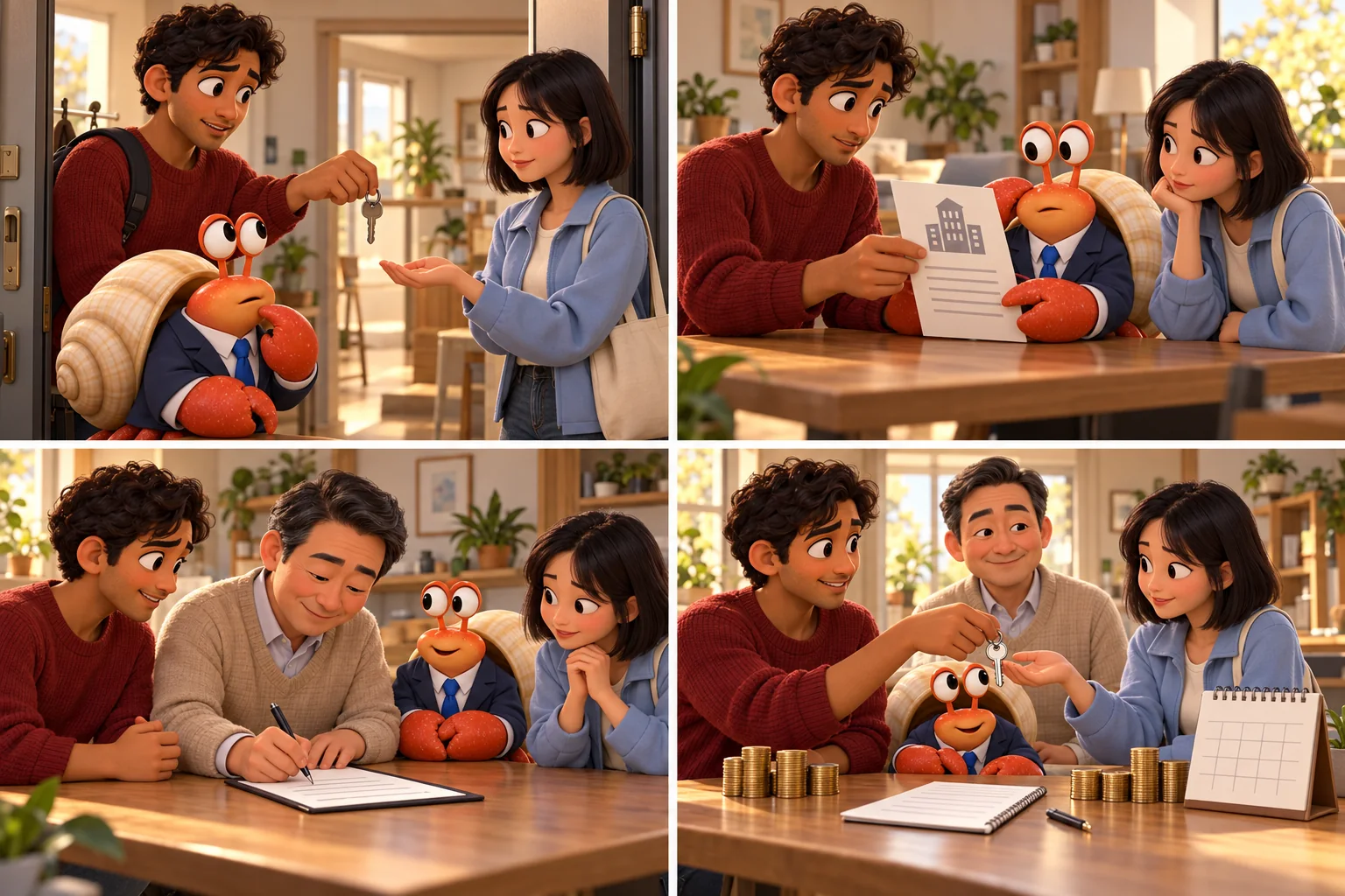원래 임차인이 다른 학생에게 방 열쇠를 보여주는 장면