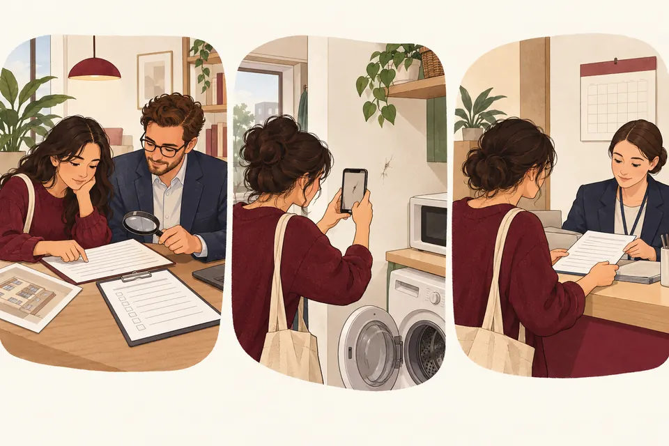 서류 검토, 기존 벽 자국 사진 촬영, 행정 창구 신고를 각각 보여주는 세 장면