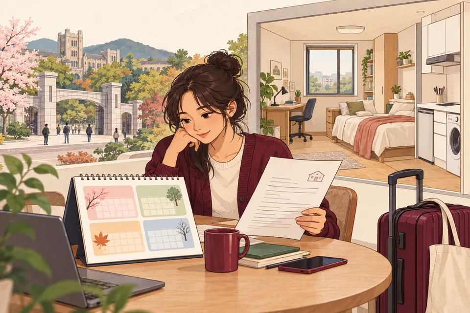 여행 가방을 옆에 둔 학생이 달력과 임대차 서류를 살펴보며 원룸 거주 계획을 세우는 그림