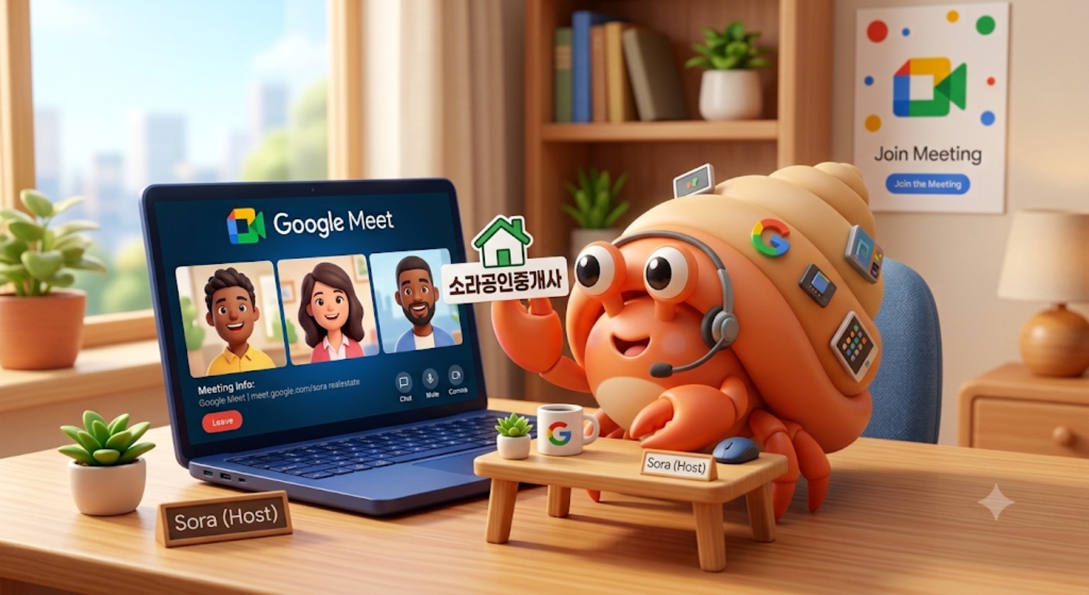 Sora’s hermit crab mascot welcoming guests to a Google Meet video consultation